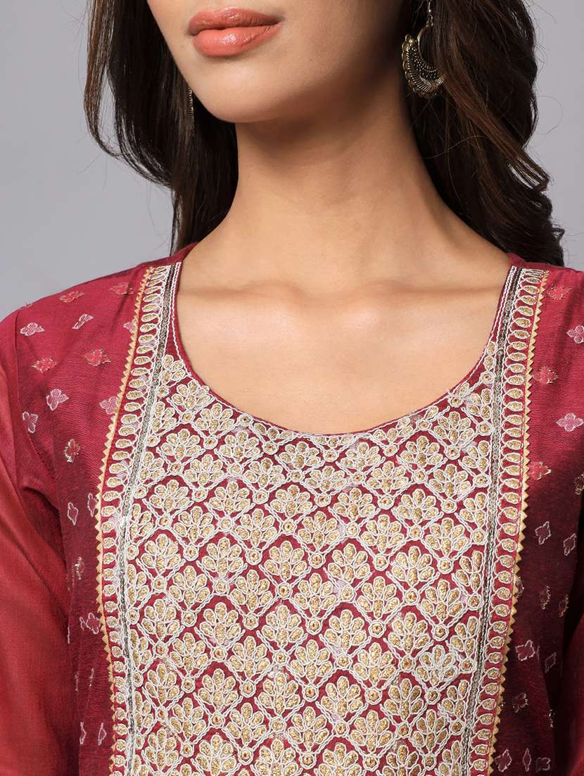 Women Three Quarter Sleeve Anarkali Kurta Pant With Dupatta Set