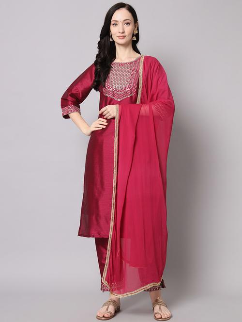 red kurta pant set with dupatta - 20194336 - Standard Image - 0