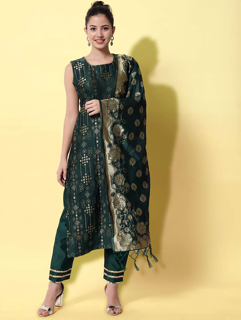 women bottle green sleeveless kurta pant with dupatta set - 20194344 -  Zoom Image - 0