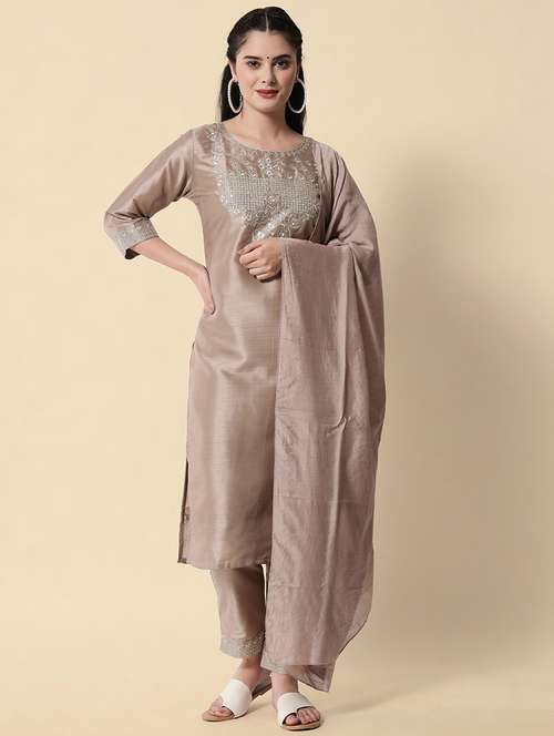 beige kurta pant set with dupatta - 20194378 - Standard Image - 0