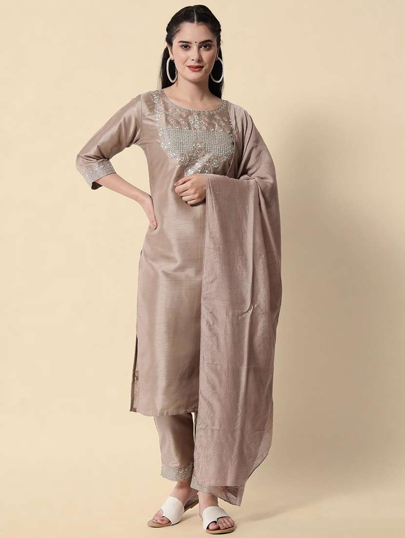 beige kurta pant set with dupatta - 20194378 - Zoom Image - 0
