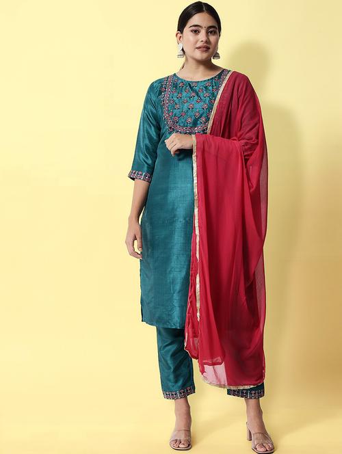 teal kurta pant set with dupatta - 20194383 -  Standard Image - 0