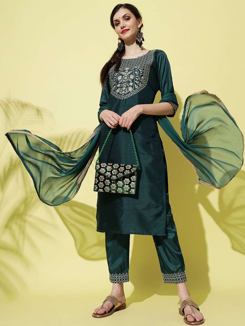 women three quarter sleeve kurta pant with dupatta set
