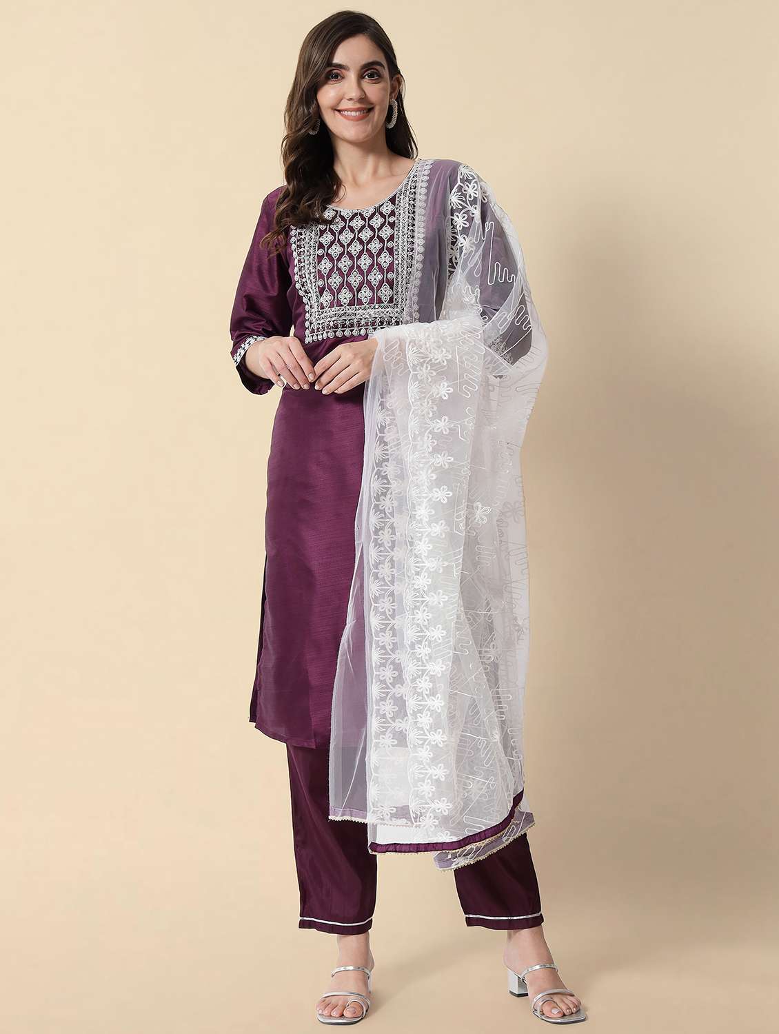 women purple embroidered kurta pant set with dupatta set