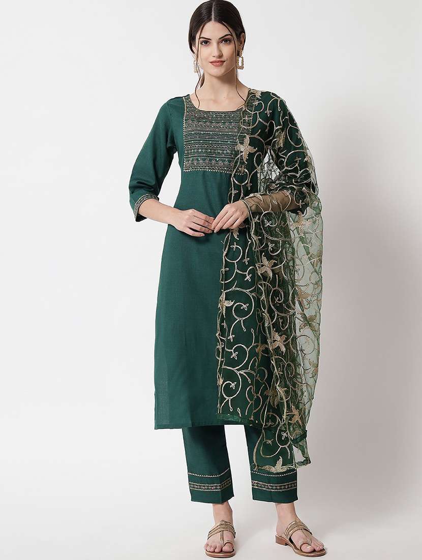women three quarter sleeve kurta pant with dupatta set