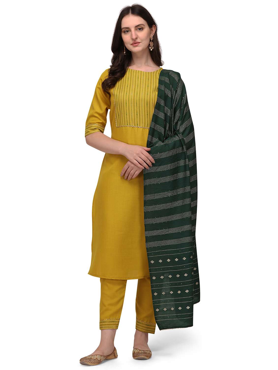 women three quarter sleeve kurta pant with dupatta set