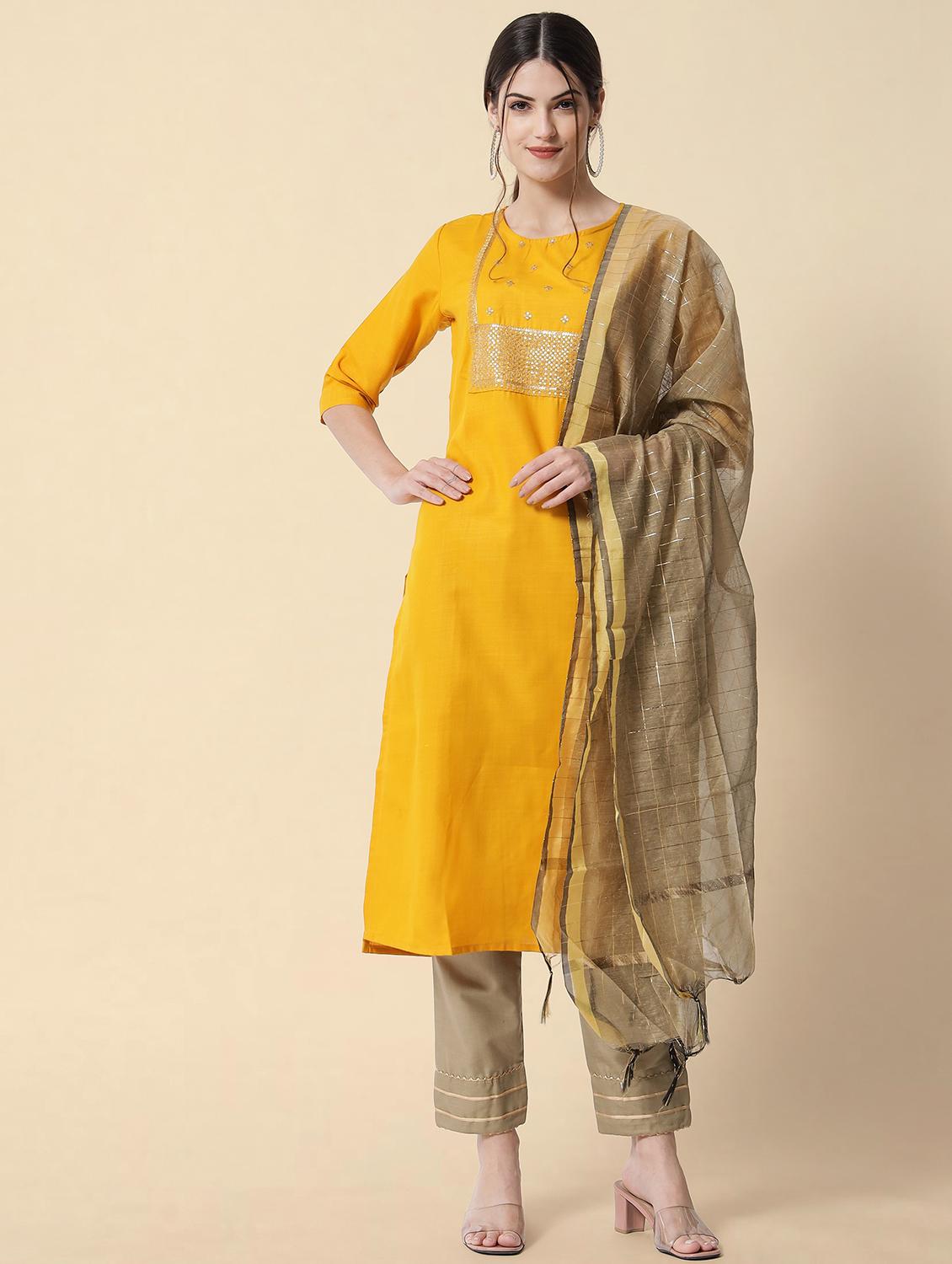yellow round neck kurta pant set with dupatta - 20194573 - Zoom Image - 0