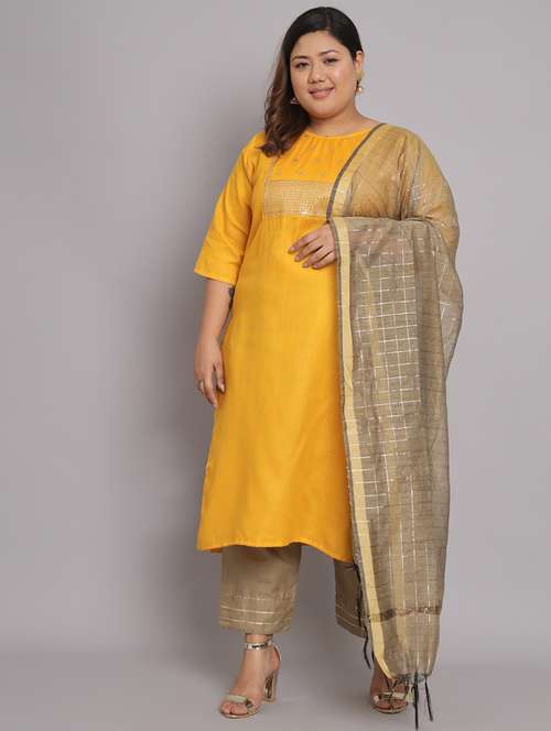 yellow round neck kurta pant set with dupatta - 20194574 -  Standard Image - 0
