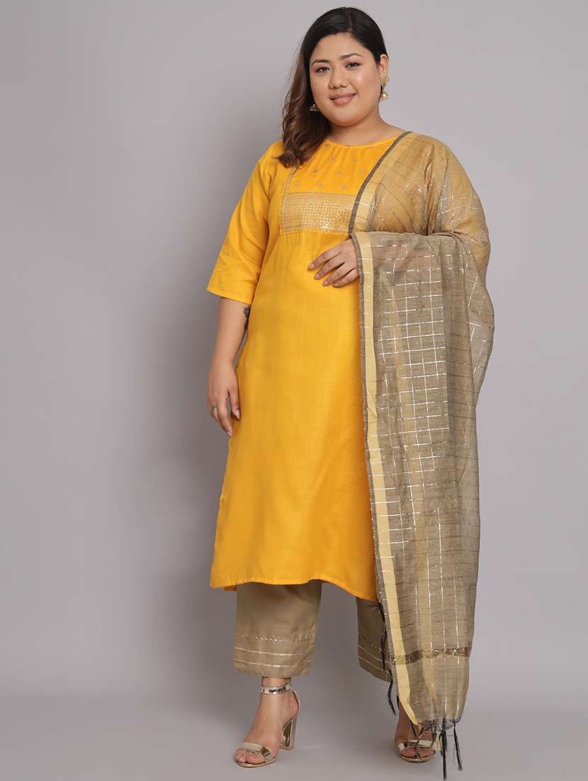 yellow round neck kurta pant set with dupatta - 20194574 -  Zoom Image - 0