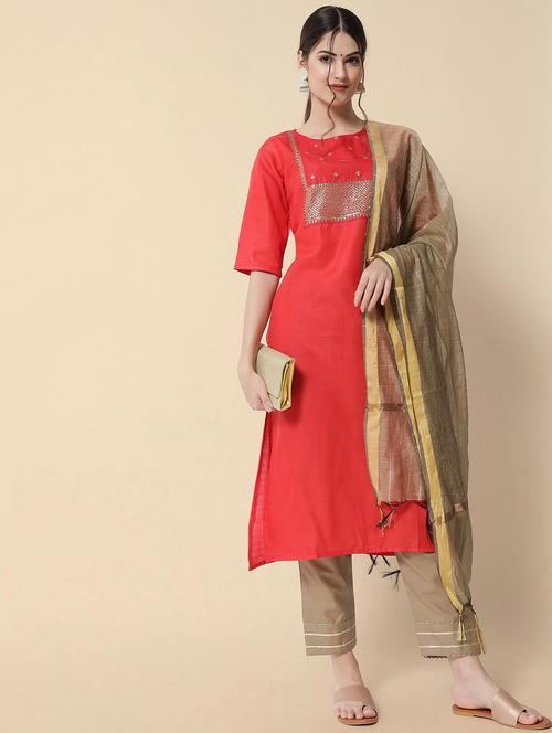 red round neck kurta pant set with dupatta - 20194577 - Standard Image - 0