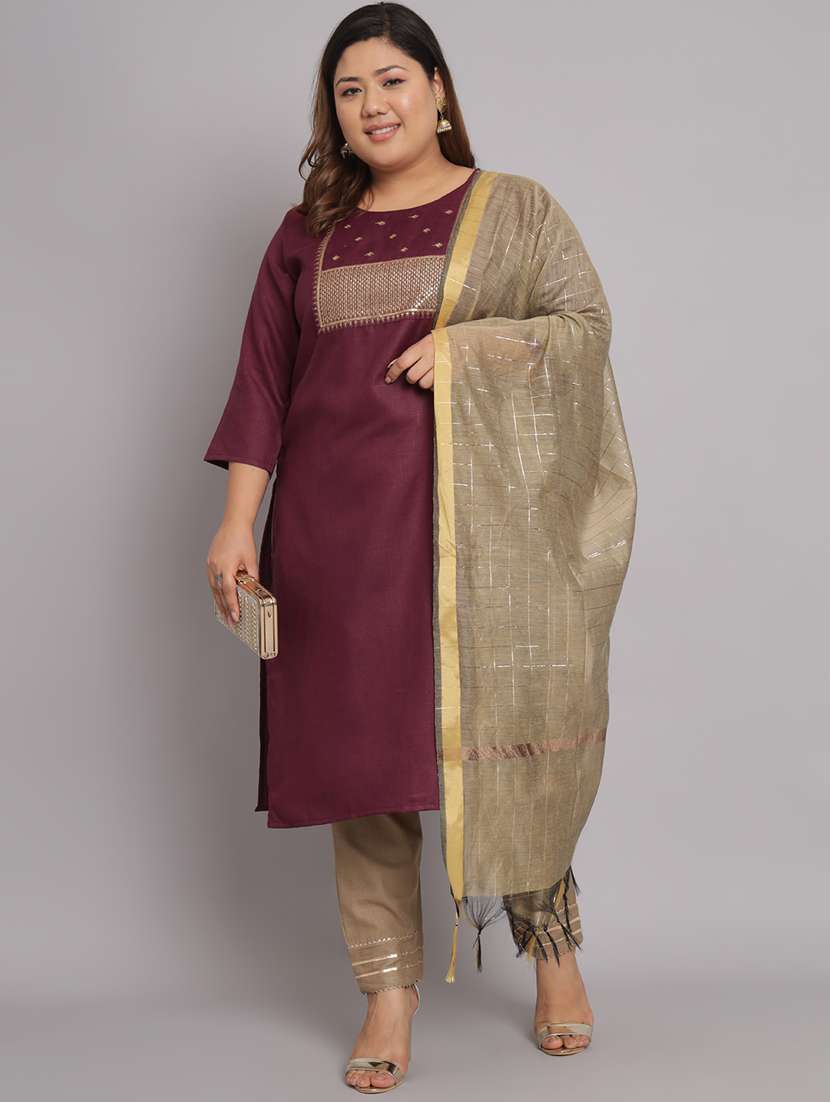 purple round neck kurta pant set with dupatta