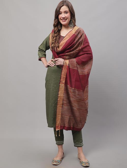 green round neck kurta pant set with dupatta - 20195061 - Standard Image - 0