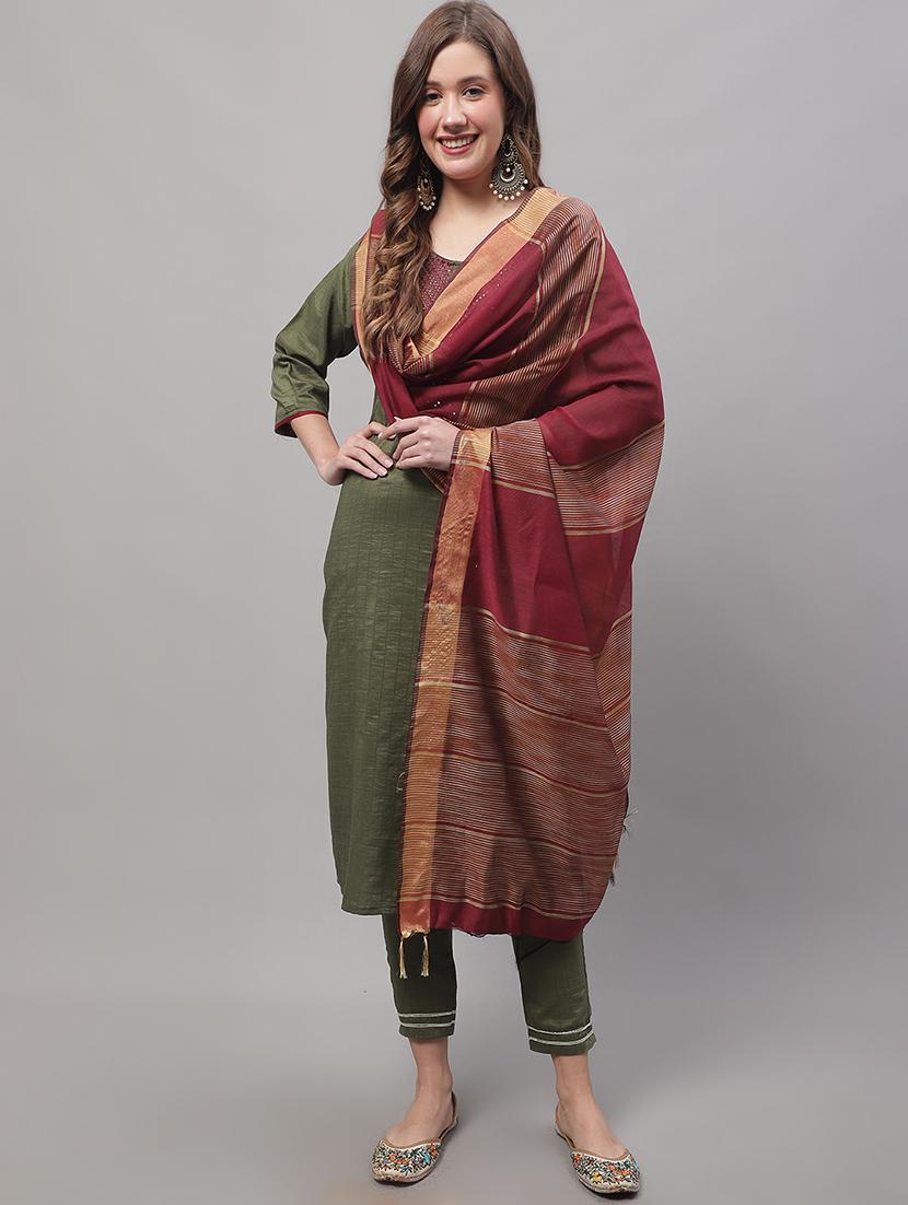 green round neck kurta pant set with dupatta - 20195061 - Zoom Image - 0