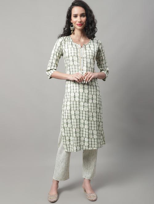green notch neck kurta pant set  - 20195077 -  Standard Image - 0