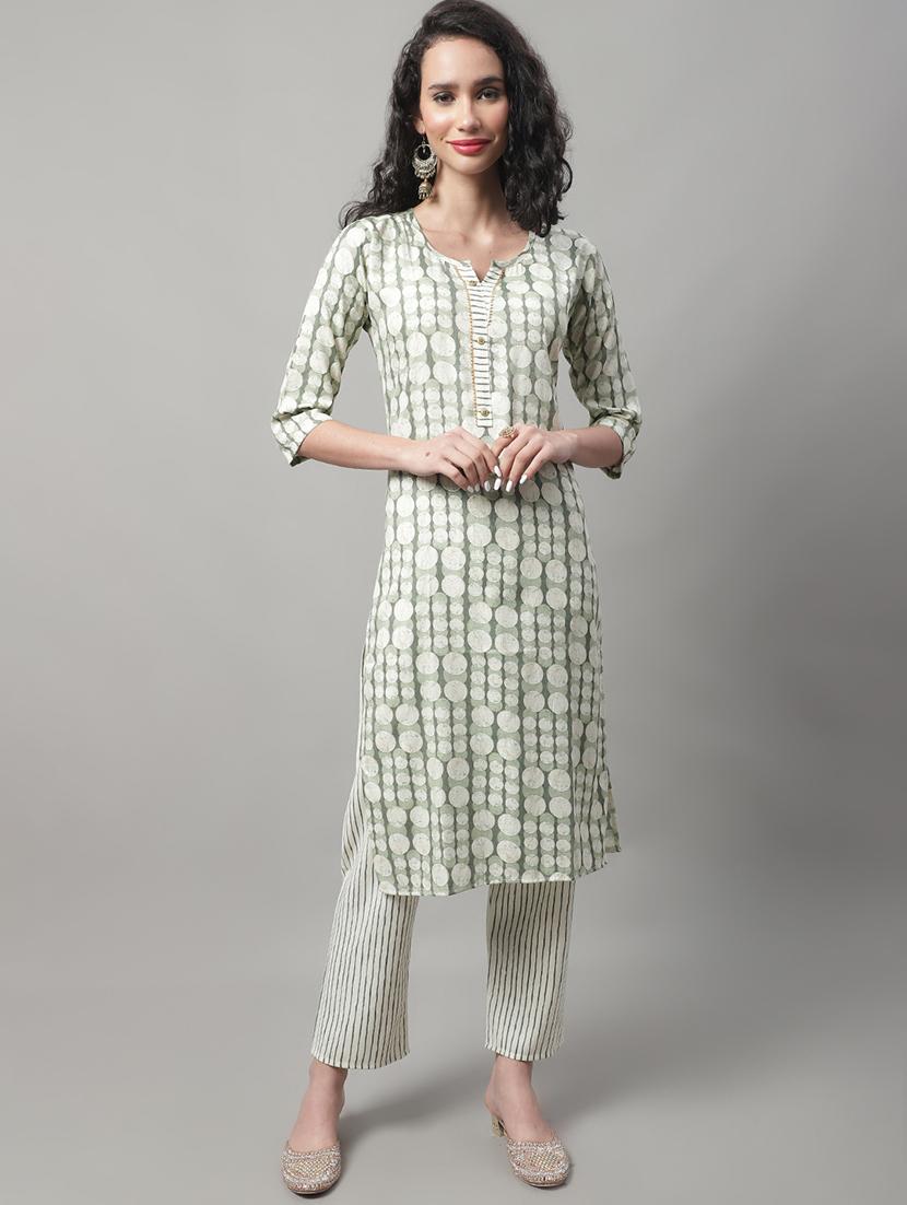 green notch neck kurta pant set  - 20195077 -  Zoom Image - 0