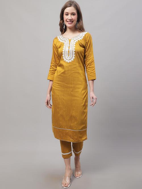 yellow round neck kurta pant set with dupatta - 20195082 - Standard Image - 0