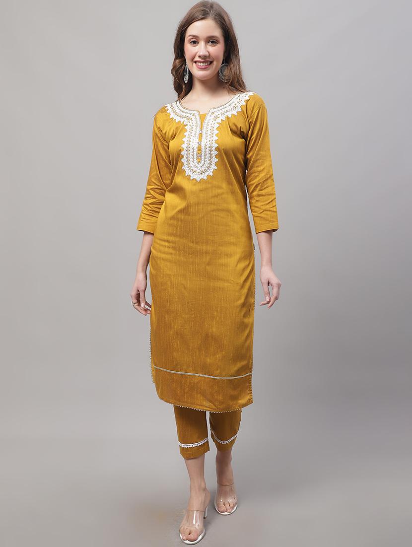 yellow round neck kurta pant set with dupatta - 20195082 - Zoom Image - 0