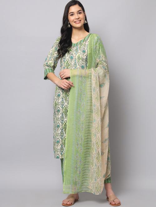 green v neck kurta pant set with dupatta - 20195095 -  Standard Image - 0