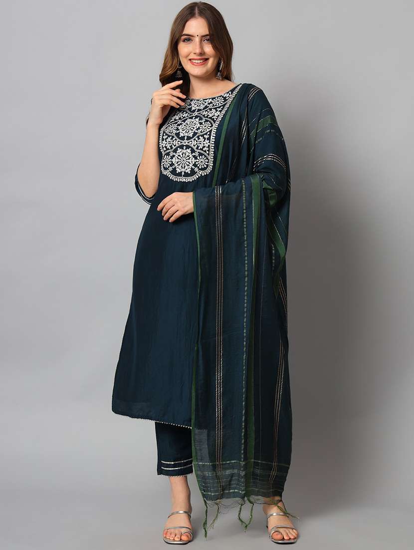 navy blue round neck kurta pant set with dupatta - 20195105 - Zoom Image - 0