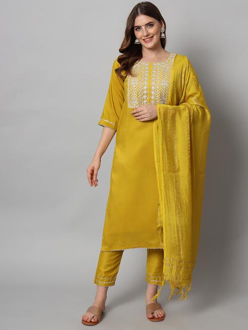 yellow round neck kurta pant set with dupatta - 20195106 -  Standard Image - 0