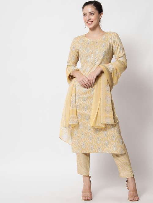 yellow round neck kurta pant set with dupatta - 20195118 - Standard Image - 0