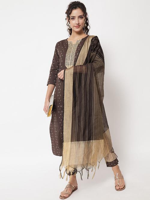 brown notch neck kurta pant set with dupatta - 20195129 -  Standard Image - 0