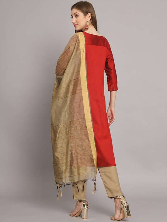 red round neck kurta pant set with dupatta - 20195350 -  Standard Image - 3