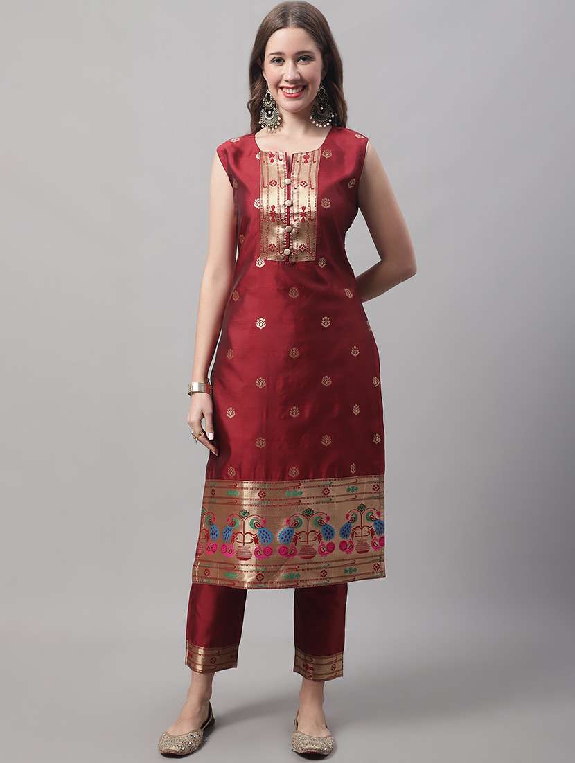 maroon notch neck kurta pant set with dupatta