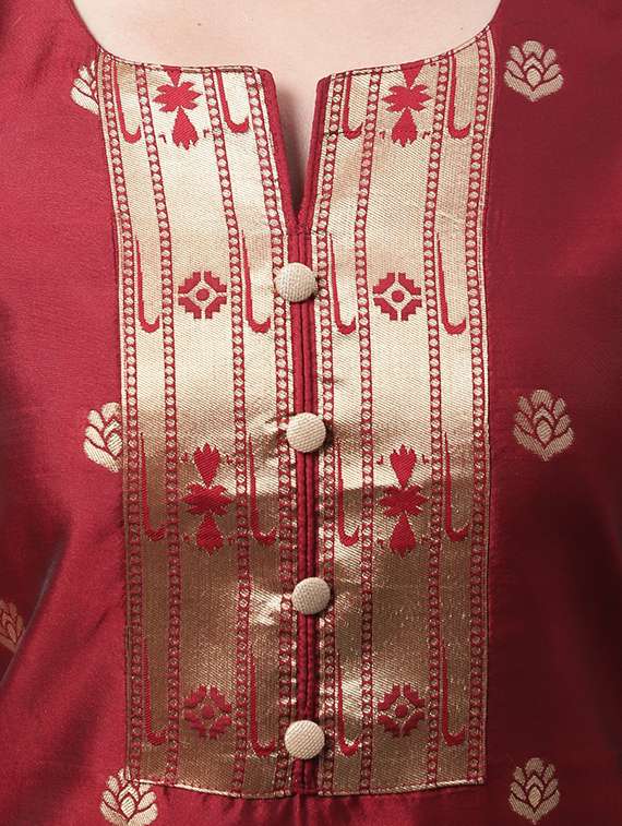 maroon notch neck kurta pant set with dupatta - 20195366 - Standard Image - 3