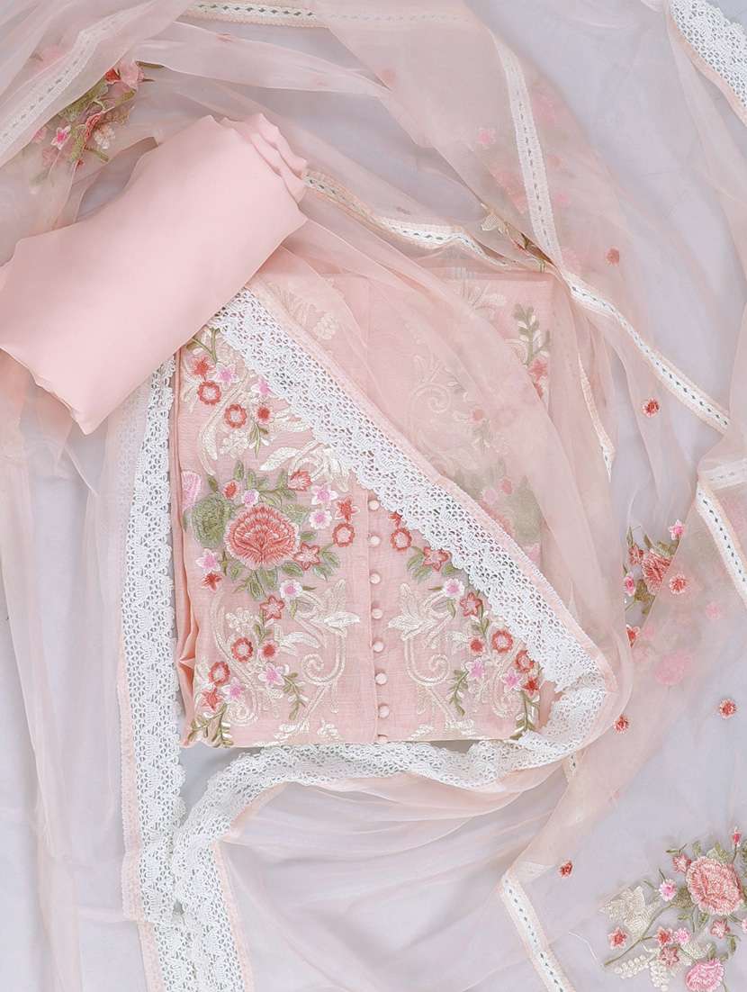 women peach embroidered unstitched suits