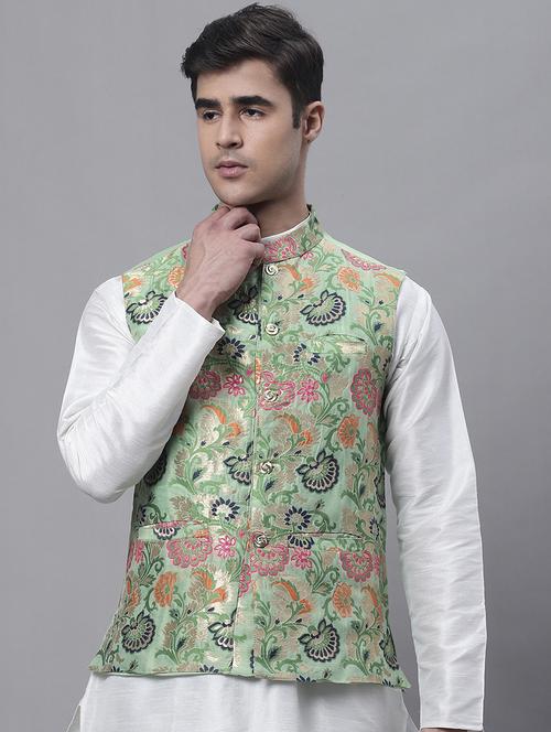 green self design nehru jacket - 20197075 - Standard Image - 0