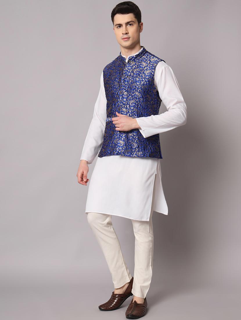 blue self designed brocade nehru jacket - 20197078 - Standard Image - 3