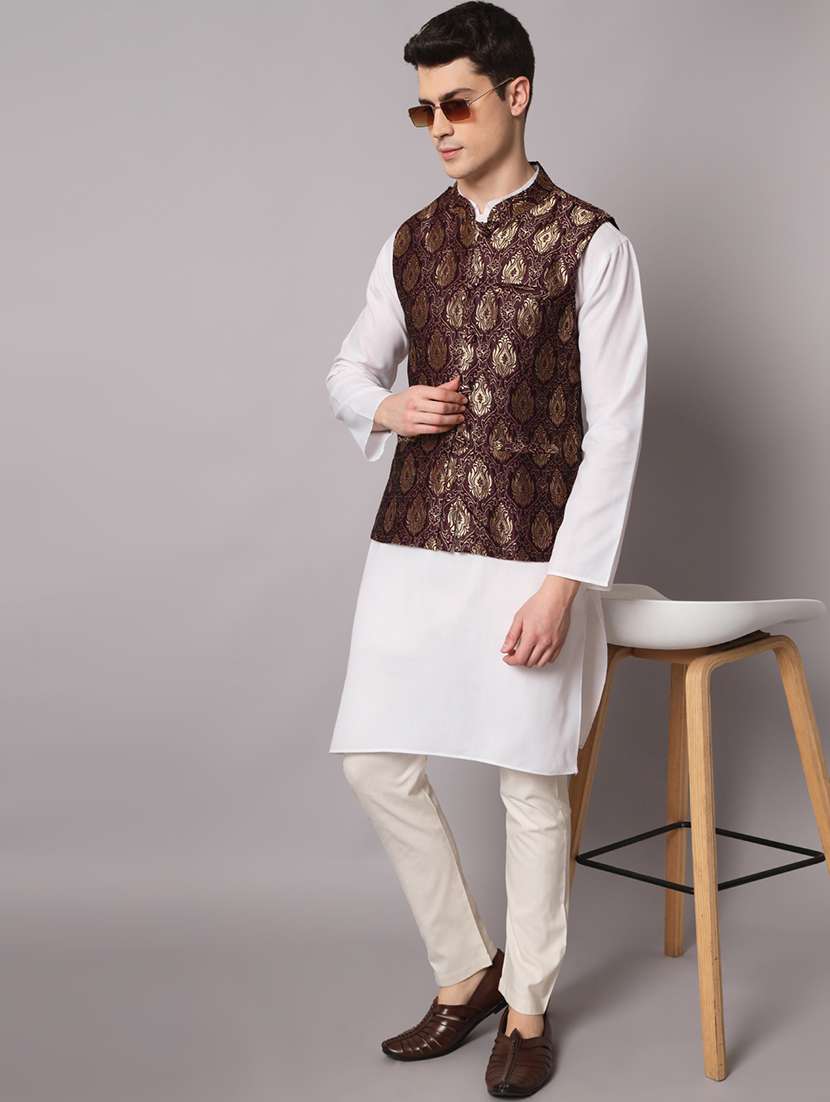 brown self designed brocade nehru jacket - 20197079 -  Standard Image - 3