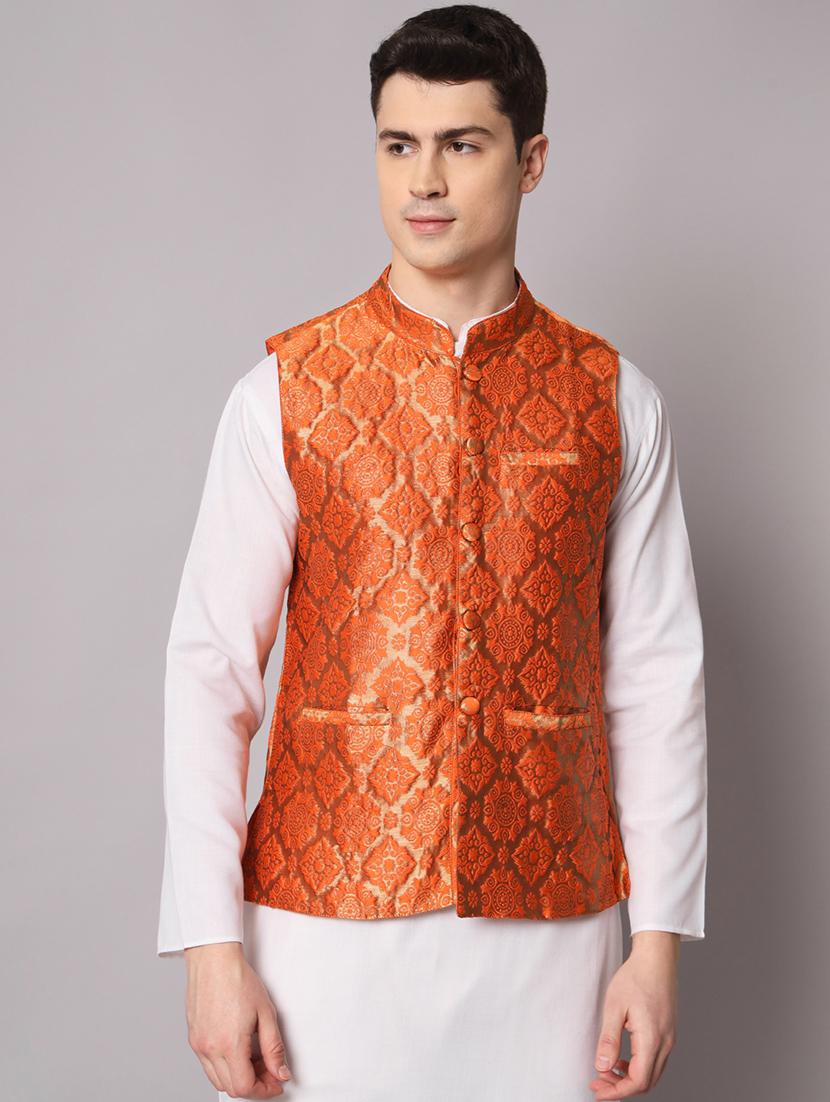 orange self designed brocade nehru jacket - 20197081 - Zoom Image - 0