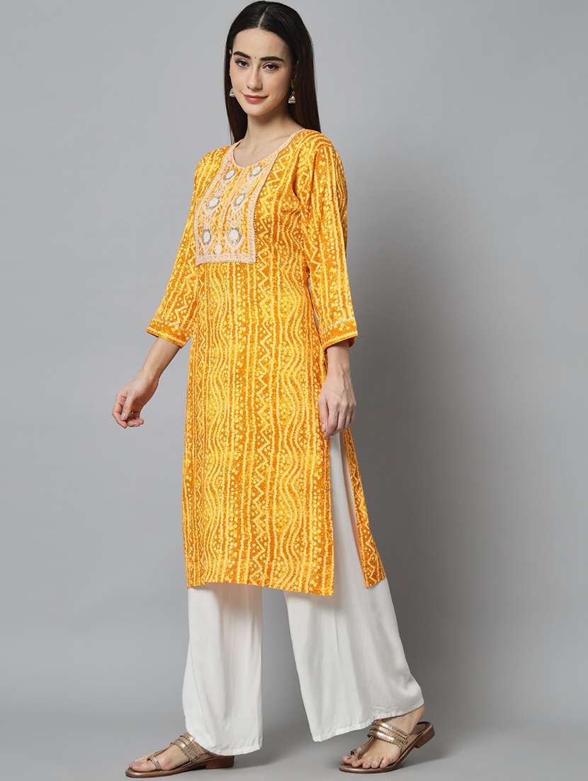 yellow cotton blend straight kurta - 20197197 -  Standard Image - 3