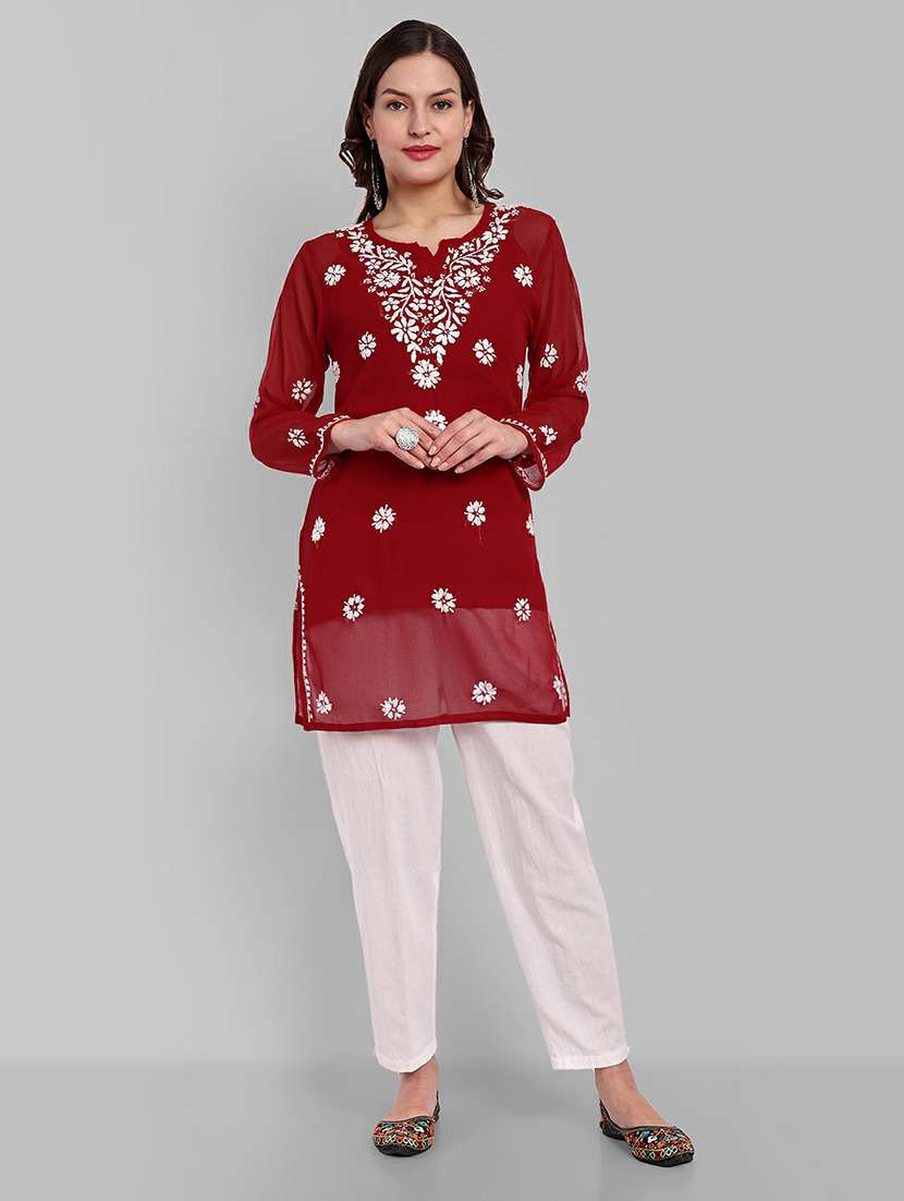 notch neck chikankari straight short kurti - 20198439 - Standard Image - 3