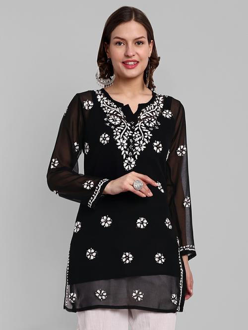 notch neck chikankari straight short kurti - 20198440 - Standard Image - 0