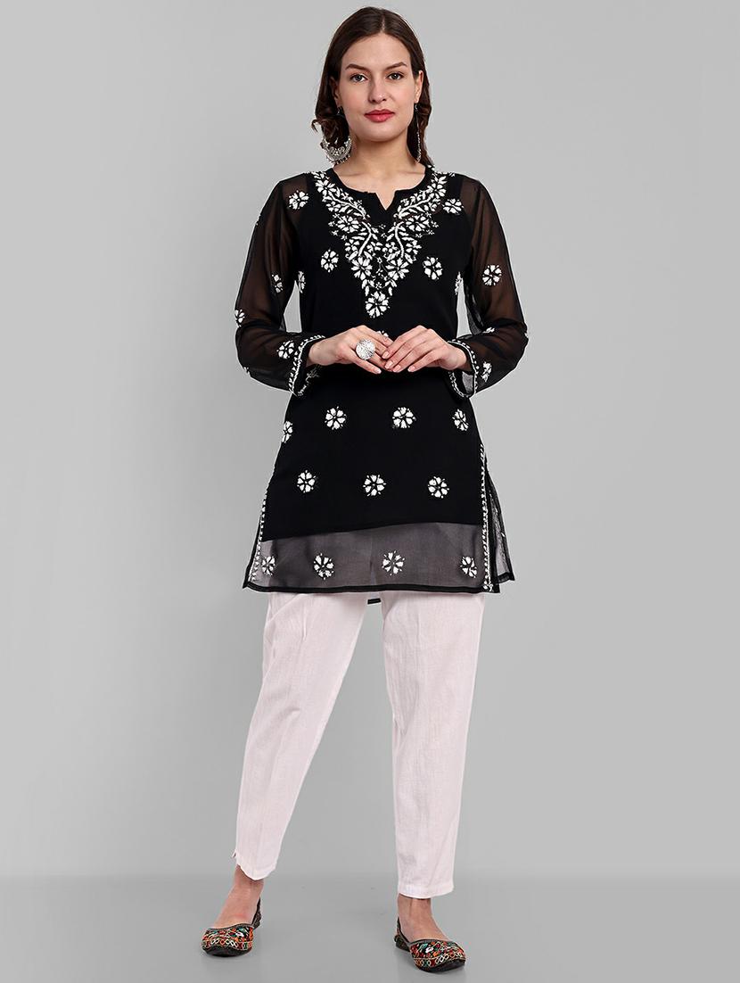 notch neck chikankari straight short kurti - 20198440 - Standard Image - 3