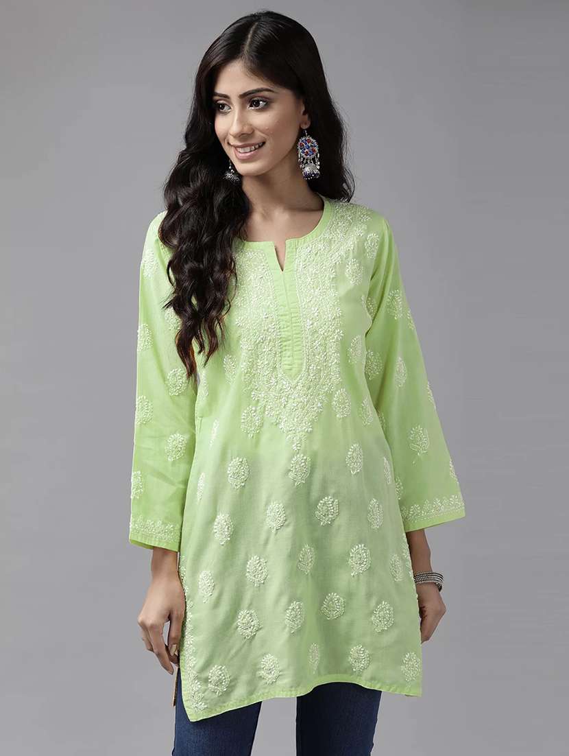 notch neck chikankari straight short kurti - 20198443 -  Zoom Image - 0