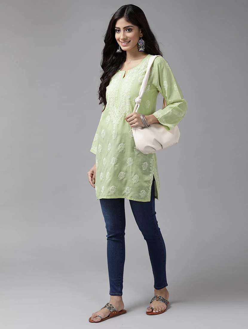 notch neck chikankari straight short kurti - 20198443 -  Standard Image - 3