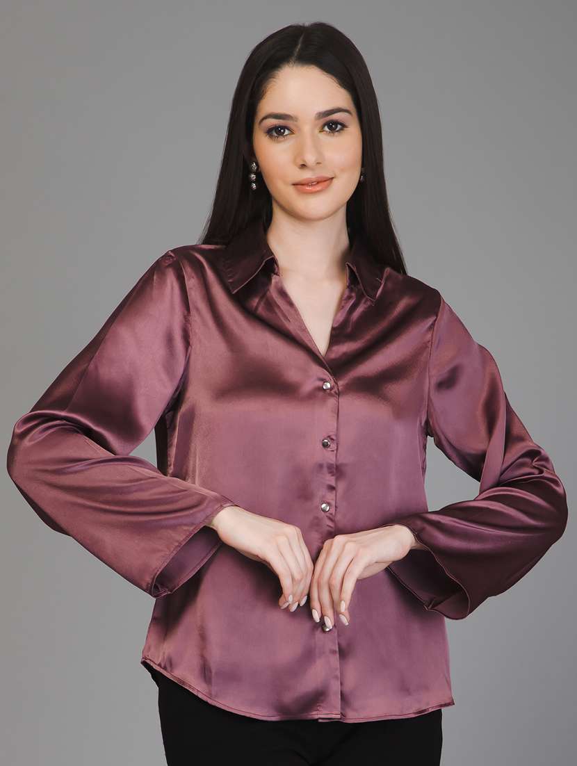 purple solid bell sleeves regular shirt
