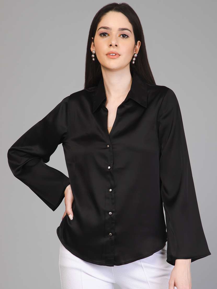 black solid bell sleeves regular shirt - 20198458 - Zoom Image - 0