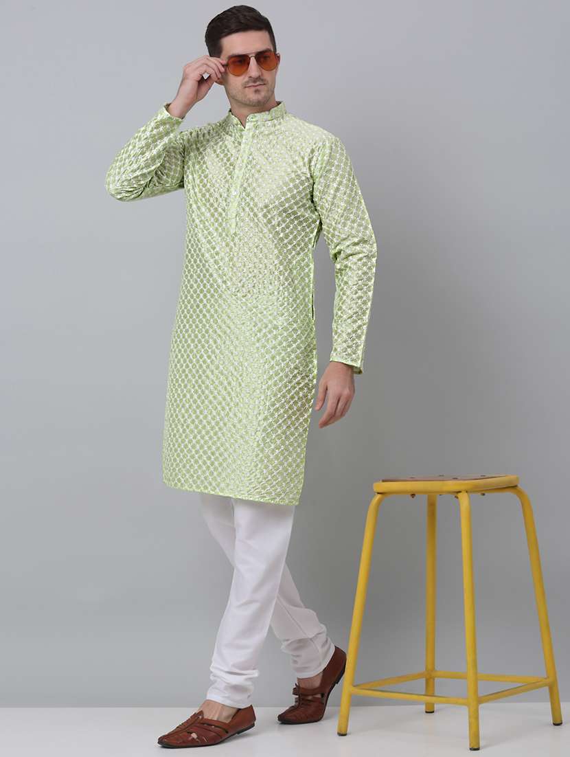 men solid with work mandarin neck long kurta - 20204729 - Standard Image - 3