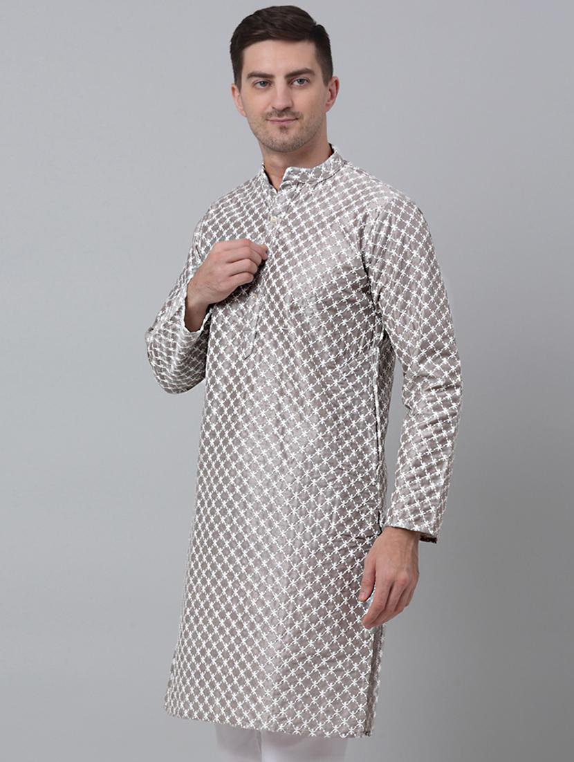 men solid with work mandarin neck long kurta - 20204730 - Zoom Image - 0