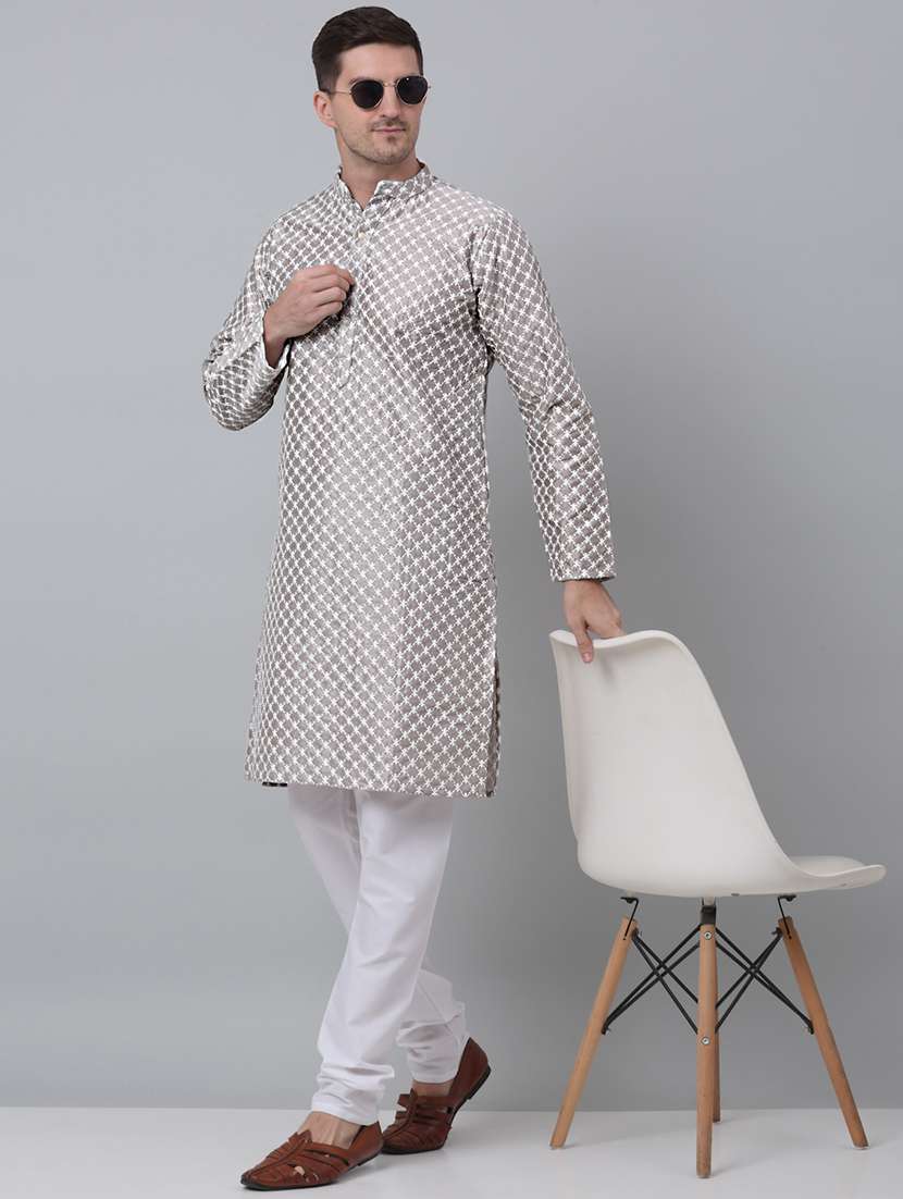 men solid with work mandarin neck long kurta - 20204730 - Standard Image - 3