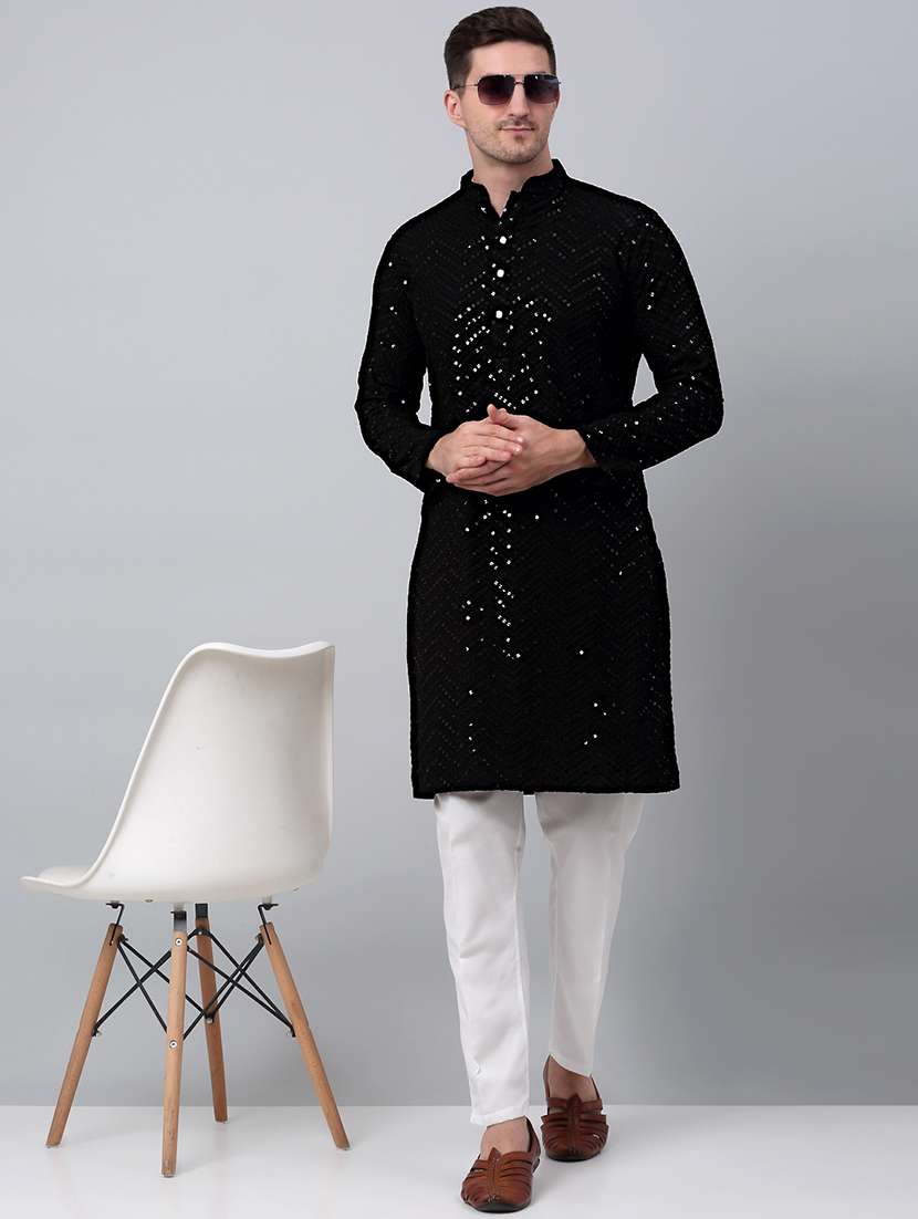 mandarin neck sequin work long kurta - 20204749 -  Standard Image - 3