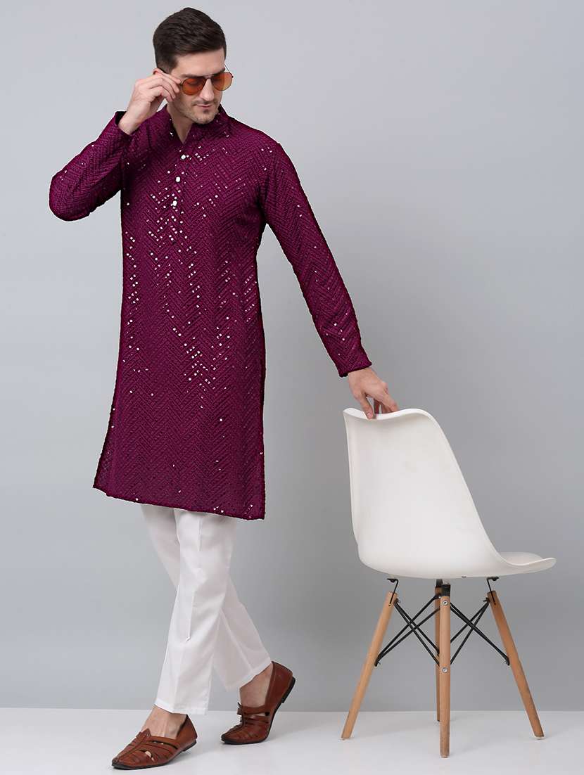 mandarin neck sequin work long kurta - 20204755 -  Standard Image - 3