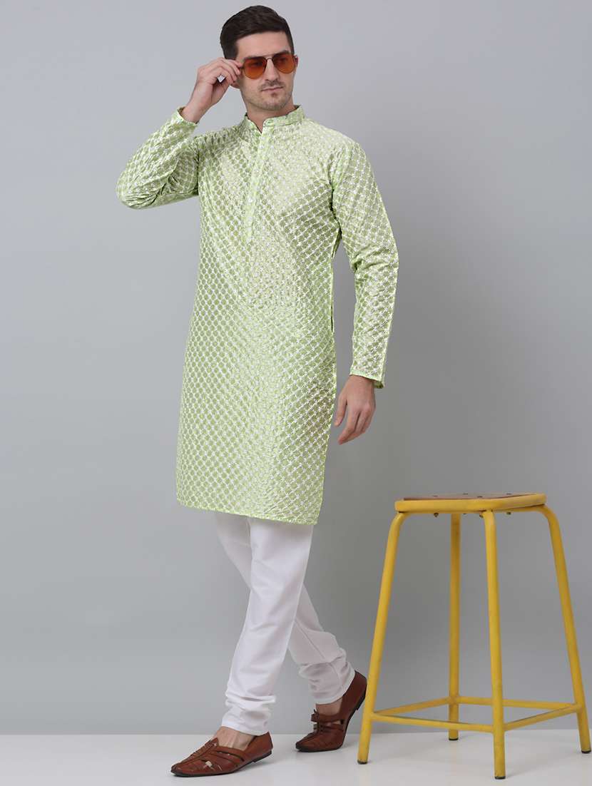 mandarin neck embroidered kurta churidar set - 20205497 -  Zoom Image - 0