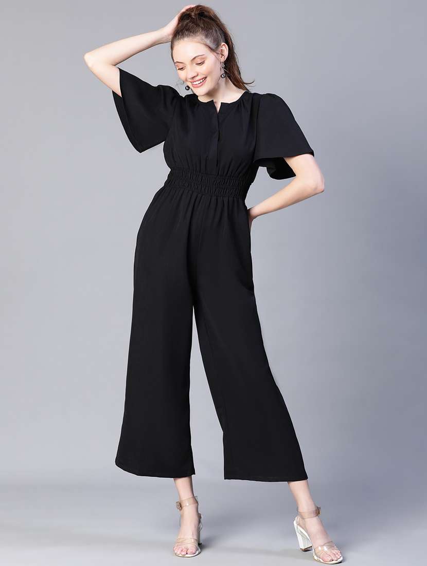 black solid bell sleeves full length jumpsuit - 20206477 - Standard Image - 3