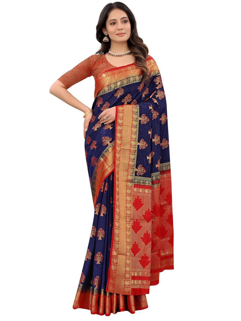 dark blue silk blend banarasi saree - 20206836 - Zoom Image - 0